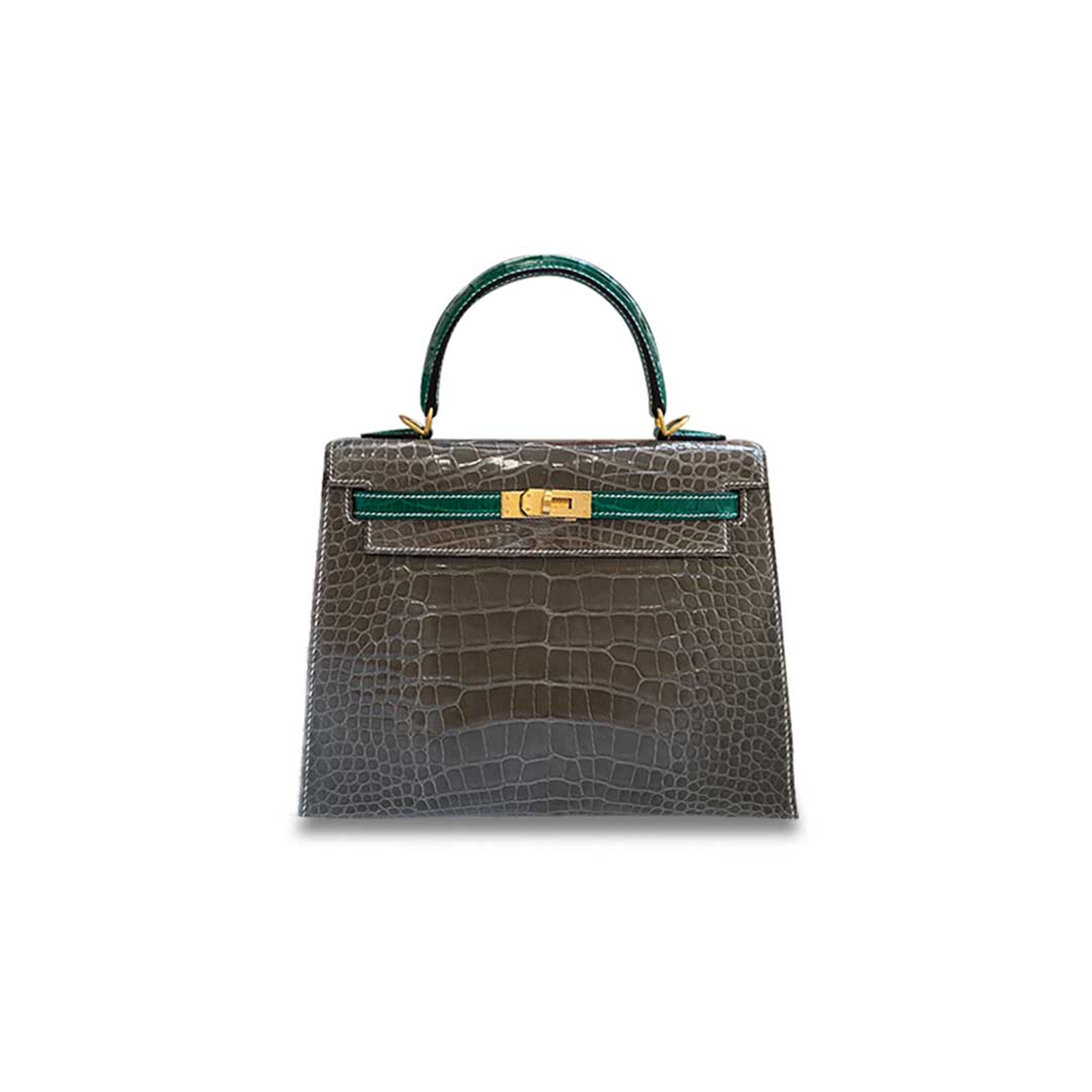 HERMÈS MASTER KELLY 25 TURTLEDOVE GRAY CROCODILE WITH EMERALD GREEN BRUSHED GOLD BUCKLE (25*17*7cm)